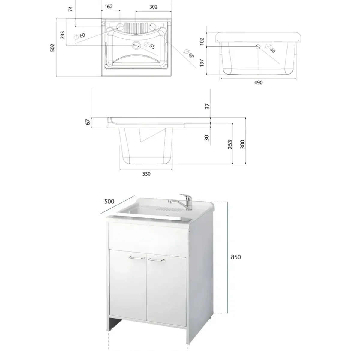 Mobile Lavatoio 2 Ante 60x50x85 Pensile 60x34x52 Colonna 45x50x182 cm