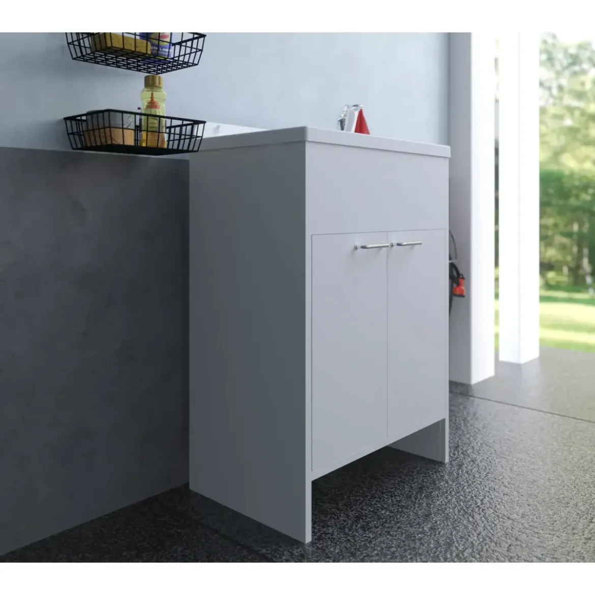 Mobile Lavatoio PVC 58x38 cm con Vasca 2 Ante con Kit Scarico Autopulente