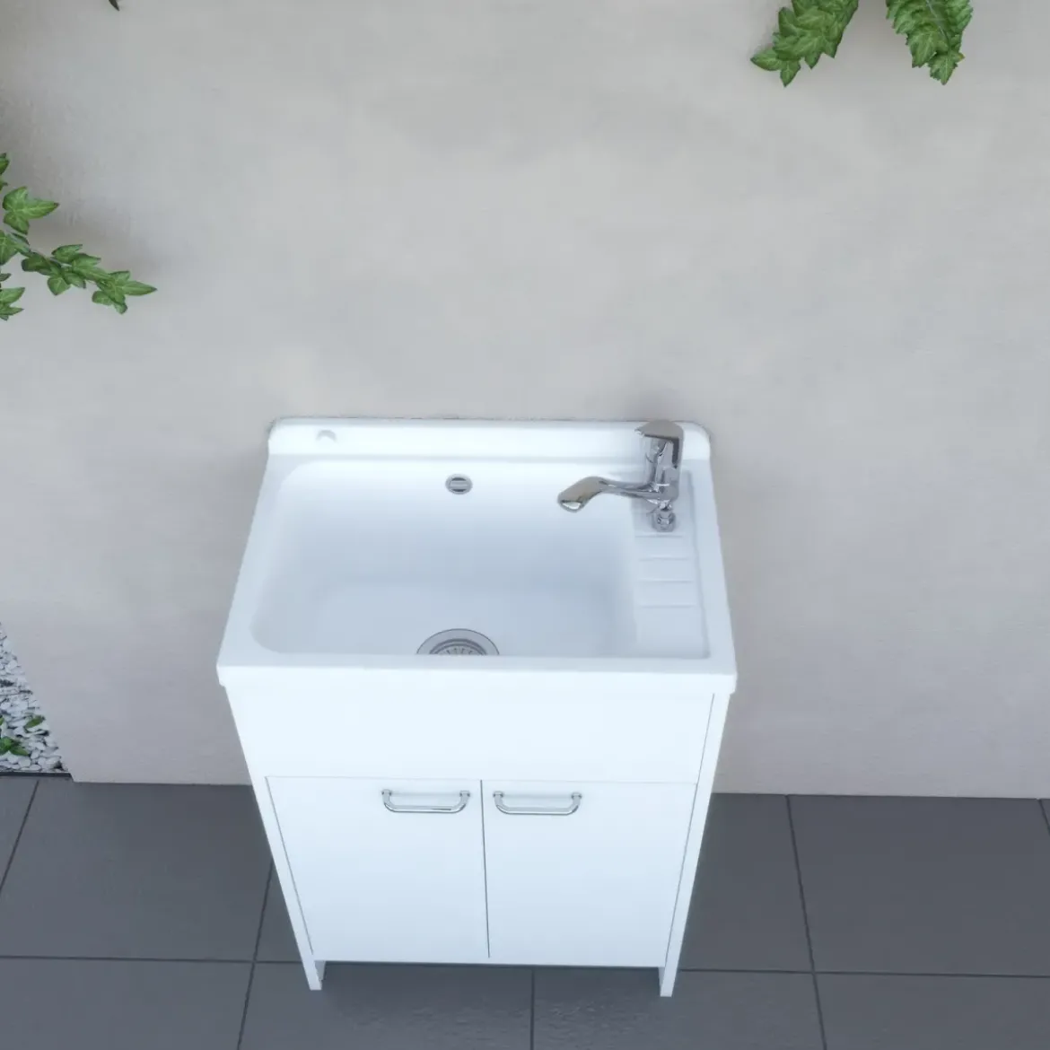 Mobile Lavatoio PVC 58x38 cm con Vasca 2 Ante con Kit Scarico Autopulente