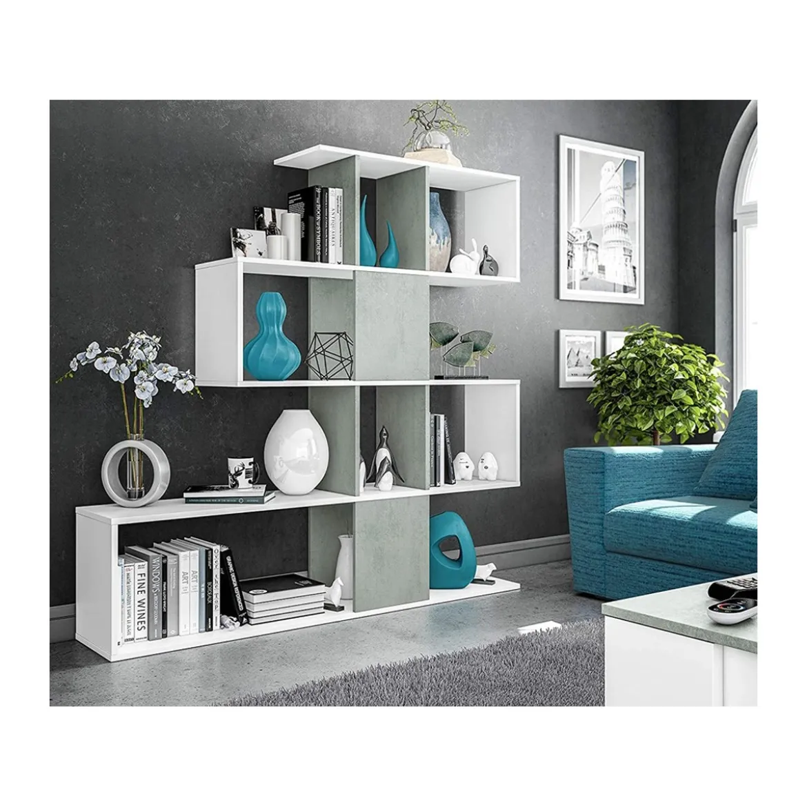 Mobile Libreria Bianca Grigio Design Scaffale Divisorio a Cubi da Parete Moderna