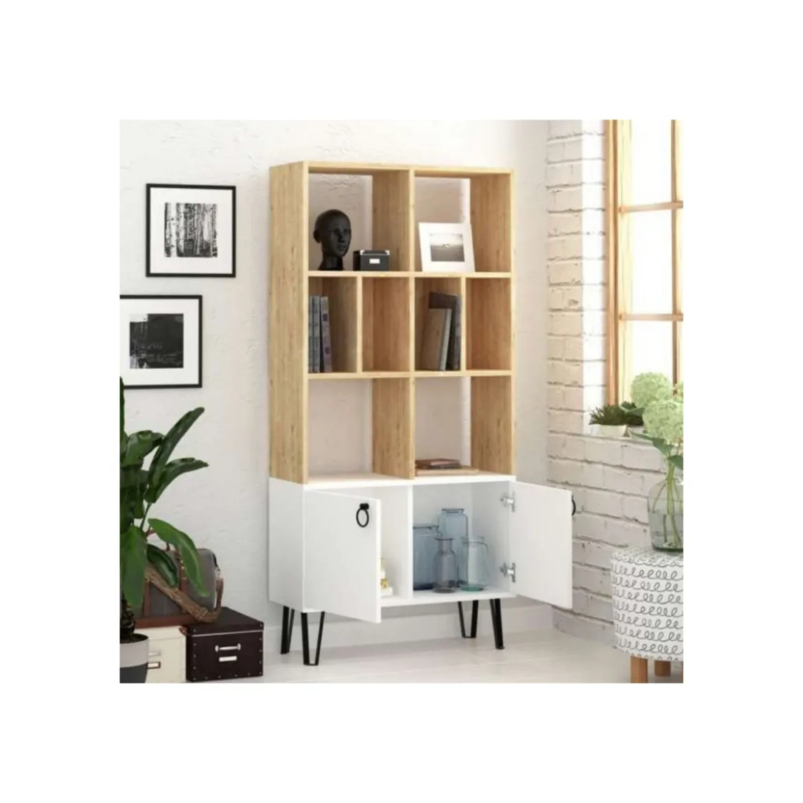 Mobile Libreria in Legno Bianco Rovere con Ante Moderna Scaffali Ufficio Sala