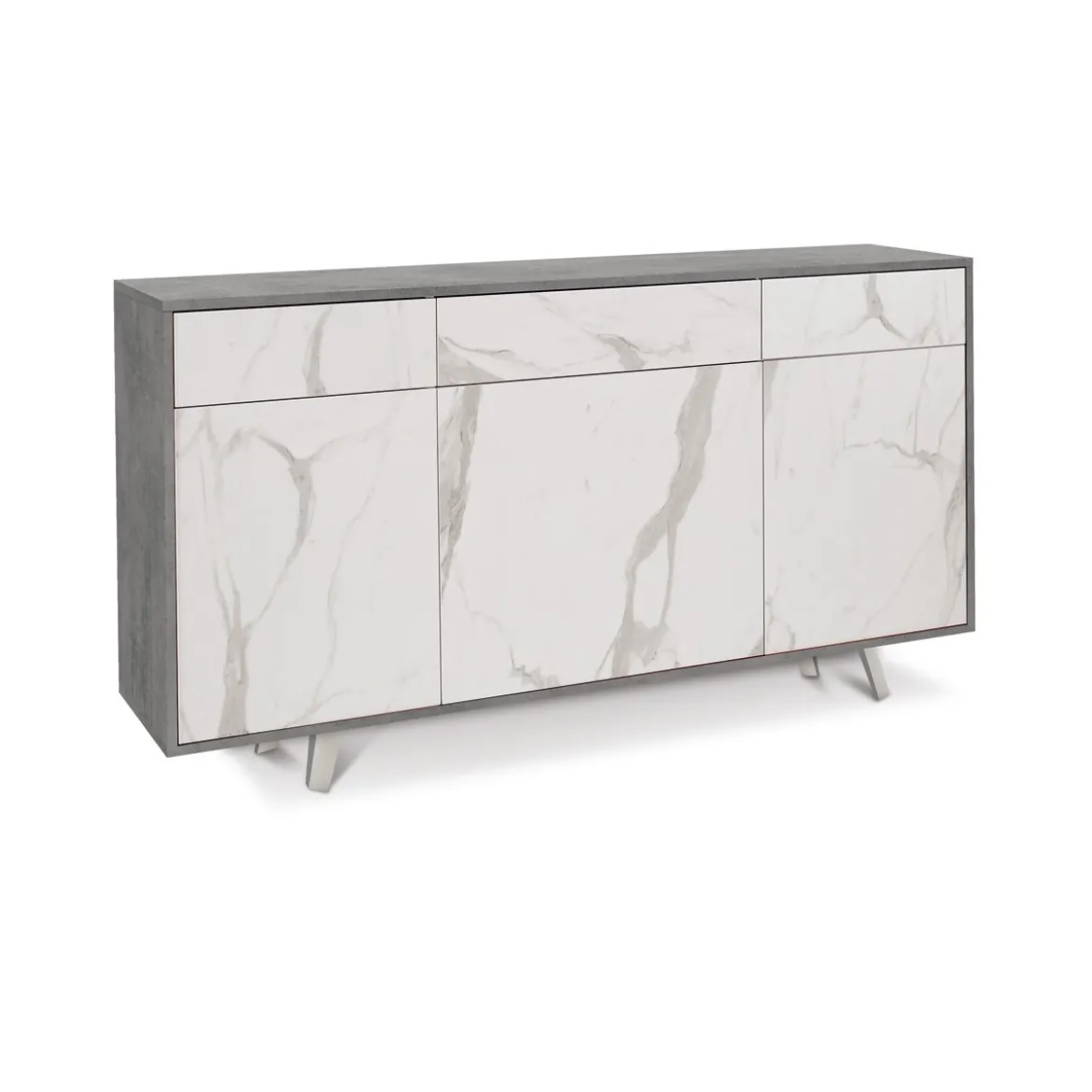 Mobile Madia 3 Ante 3 Cassetti Grigio Effetto Marmo da Soggiorno Credenza