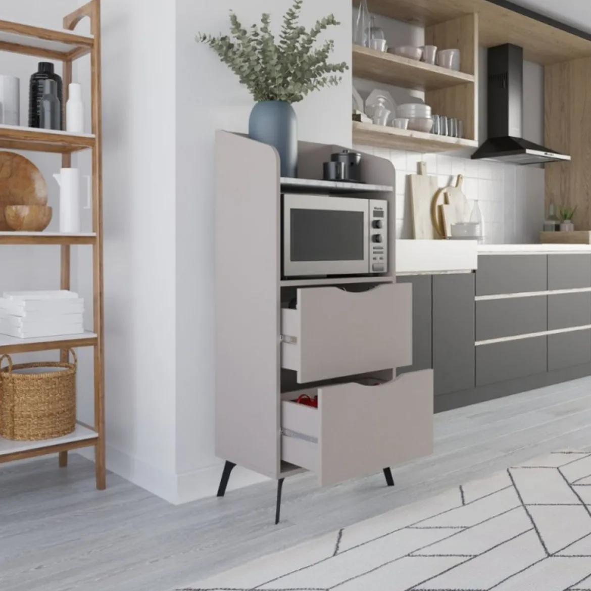 Mobile Multiuso da Cucina per Forno Microonde in Legno con Cassetti Mocha