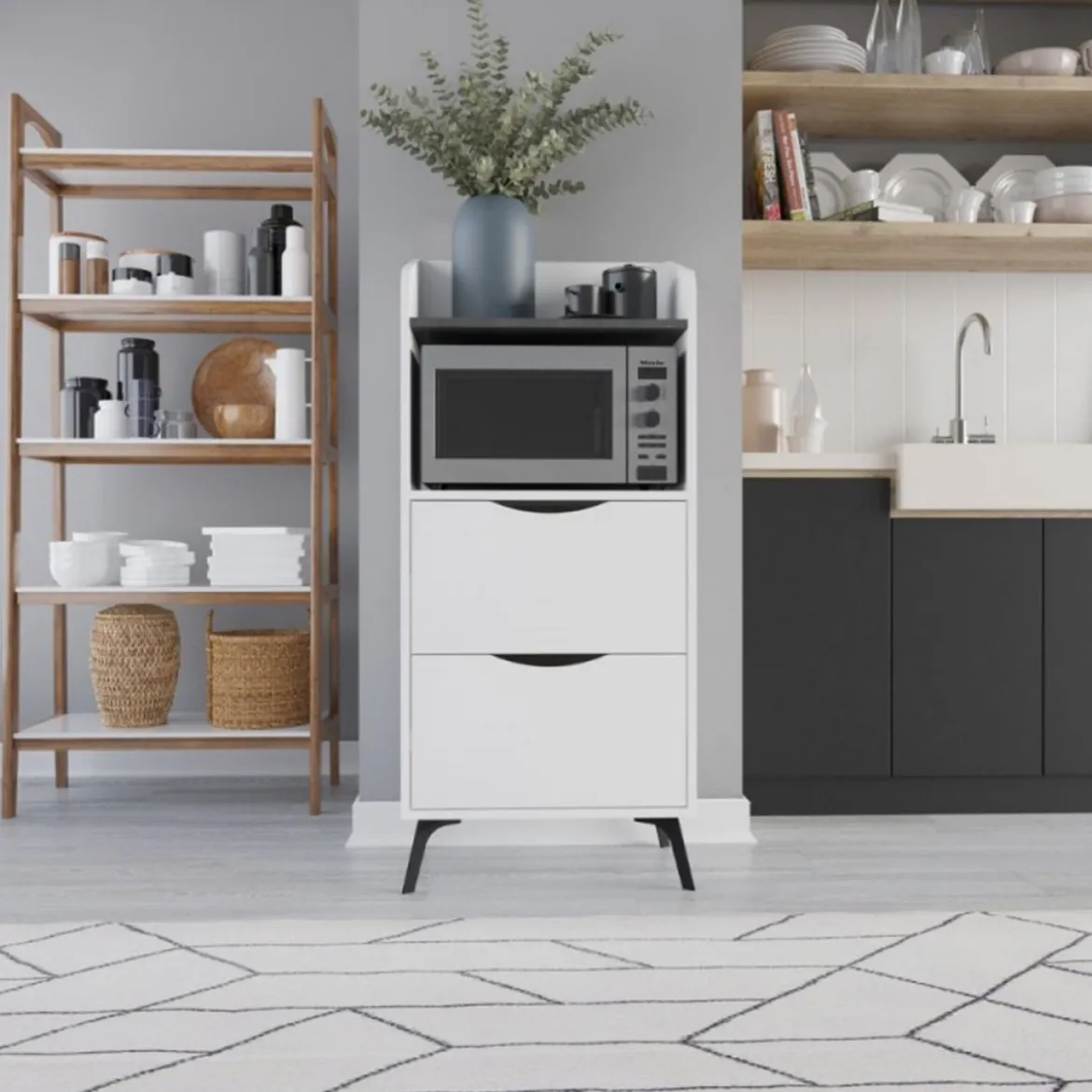 Mobile per Forno Microonde in Legno Bianco Multiuso con Cassetti da Cucina