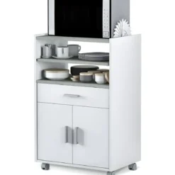 Mobile Portaforno con Ruote Legno Bianco Salvaspazio Cassetto 2 Ante