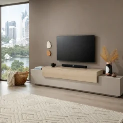 Mobile Porta Televisore da Appoggio Beige Rovere 3 Ante Ribalta Soggiorno
