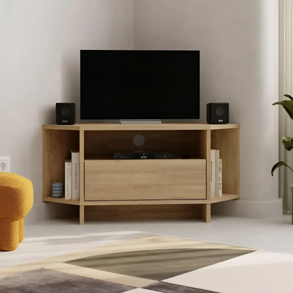 Mobile Porta TV Angolare Soggiorno Rovere Vano Contenitore e Mensole