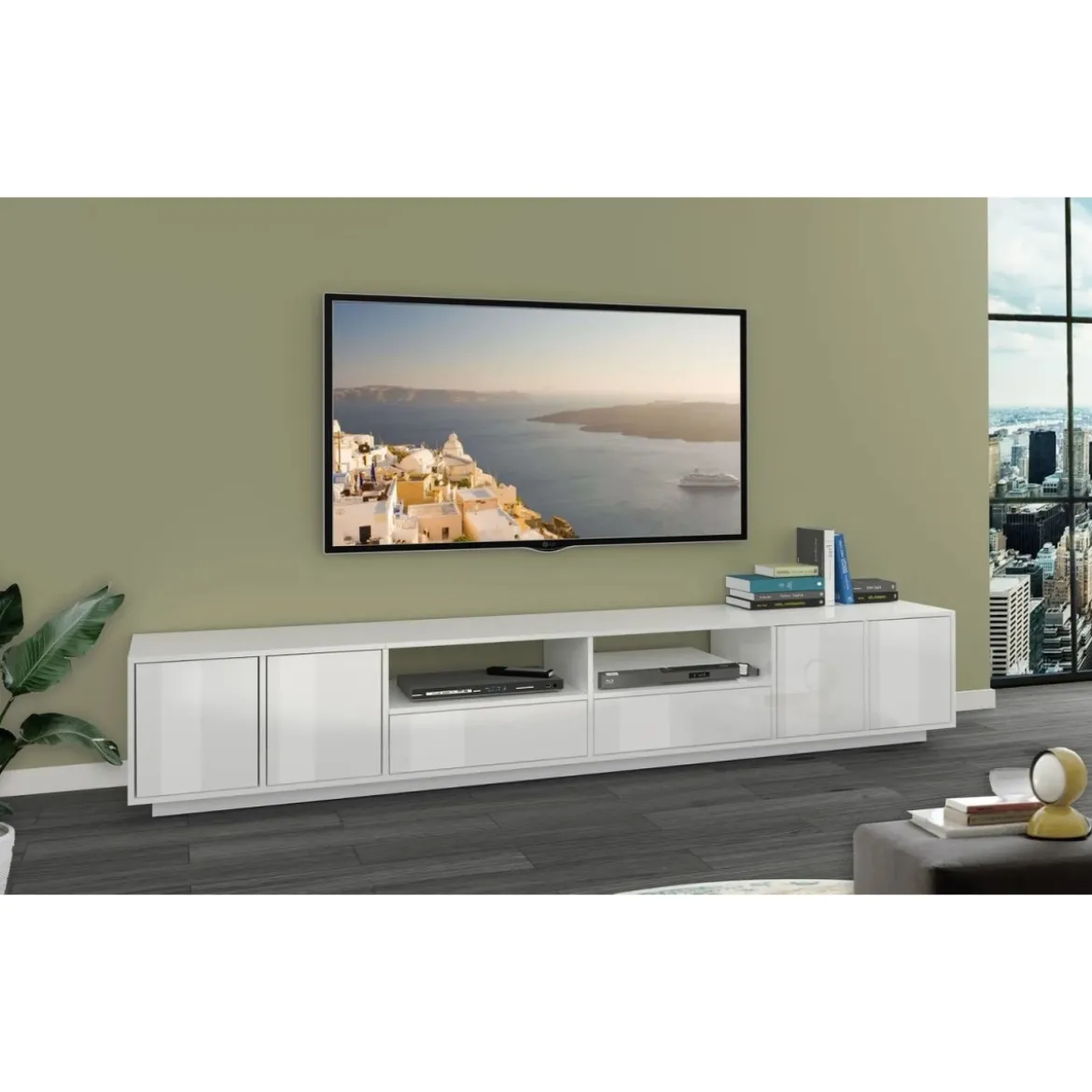 Mobile Porta TV Bianco Laccato 260 cm Madia Bassa per Soggiorno