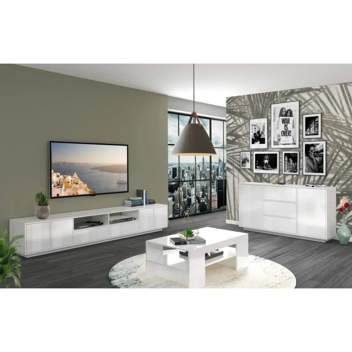 Mobile Porta TV Bianco Laccato 260 cm Madia Bassa per Soggiorno