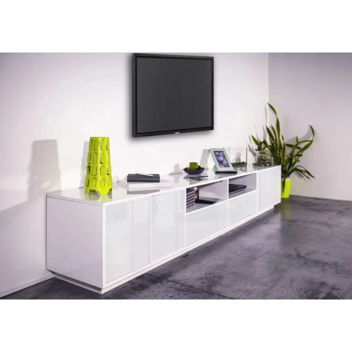 Mobile Porta TV Bianco Laccato 260 cm Madia Bassa per Soggiorno