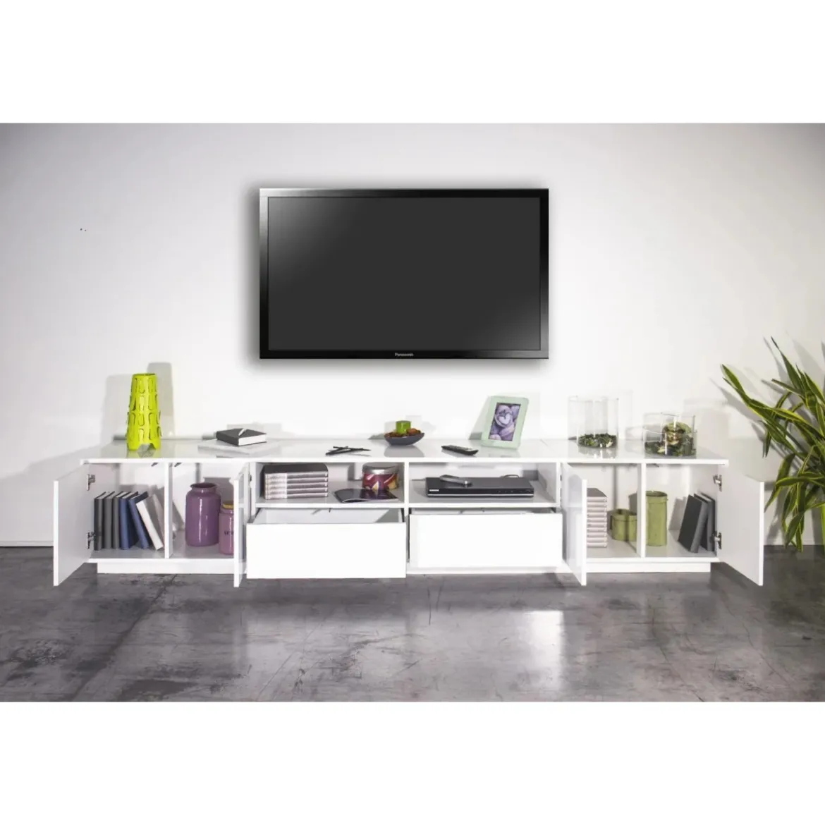 Mobile Porta TV Bianco Laccato 260 cm Madia Bassa per Soggiorno