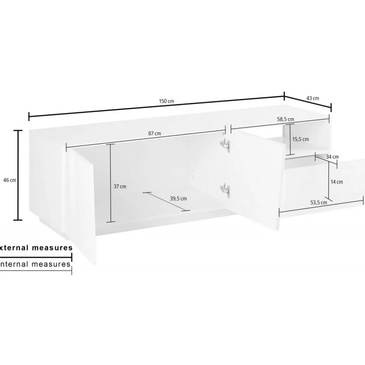Mobile Porta TV Bianco Madia con 2 Ante 150 cm Bassa per Soggiorno