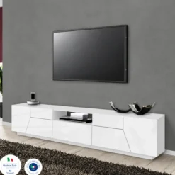 Mobile Porta TV 220 cm Bianco Laccato Lucido 4 Ante Vano Cassetto Legno