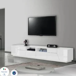 Mobile Porta TV 260 cm Bianco Lucido Laccato 4 Ante 2 Cassetti Legno