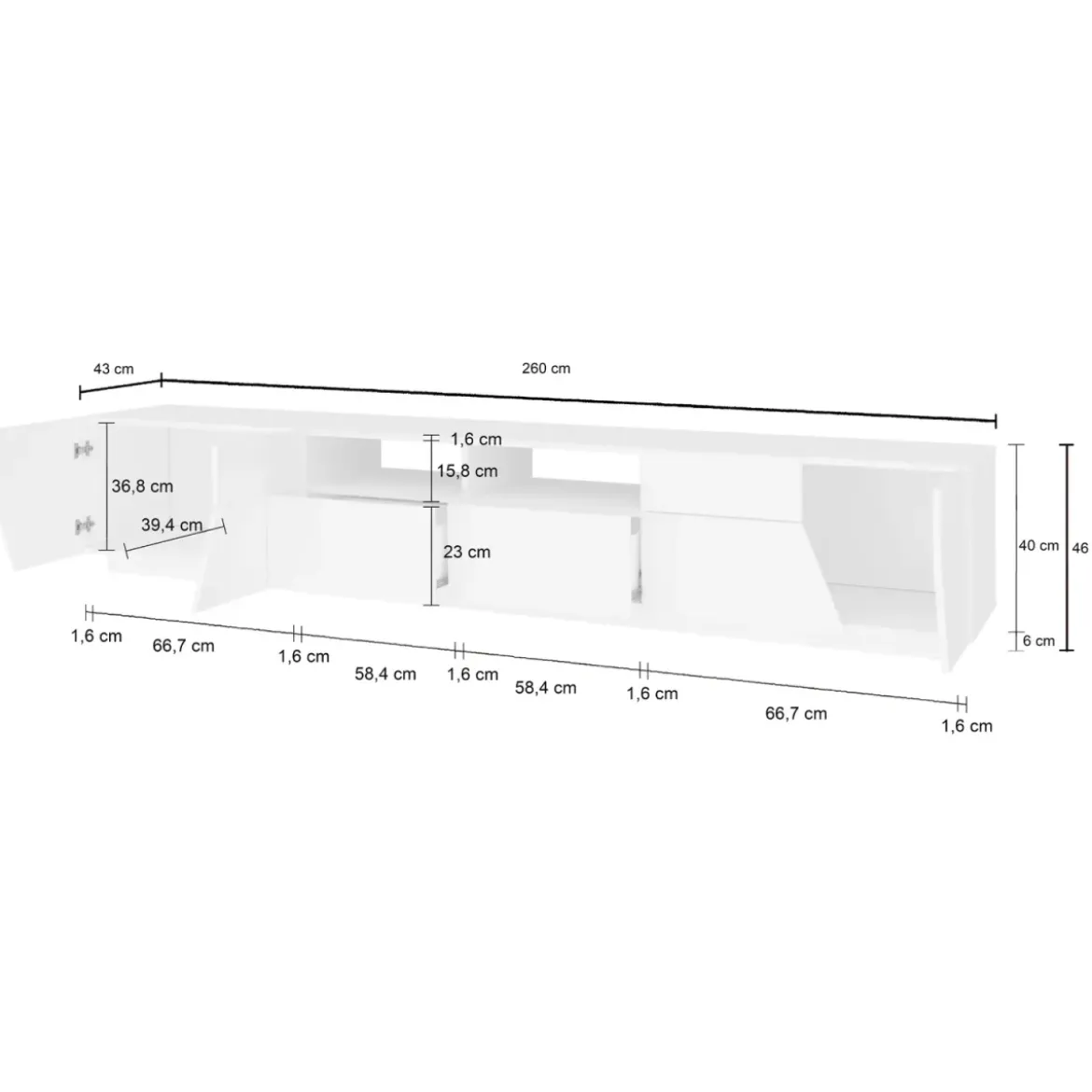 Mobile Porta TV 260 cm Bianco Lucido Laccato 4 Ante 2 Cassetti Legno