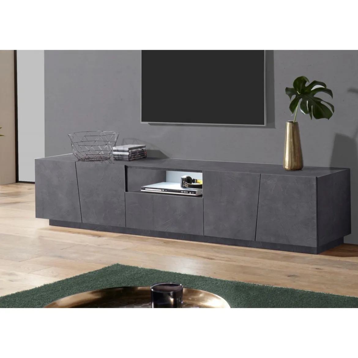 Mobile Porta TV con 4 Ante Madia Bassa Ardesia 220 cm per Soggiorno