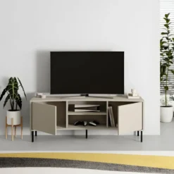 Mobile Porta TV Curvo 150 cm con 2 Ante Battenti 2 Vani a Giorno Beige