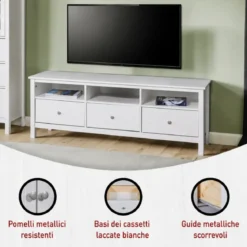 Mobile Porta Tv da Pavimento Bianco 3 Cassetti Vani a Giorno Soggiorno