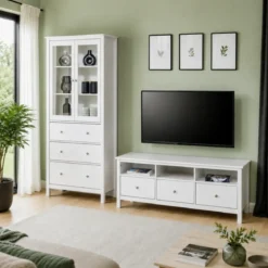 Mobile Porta Tv da Pavimento Bianco 3 Cassetti Vani a Giorno Soggiorno