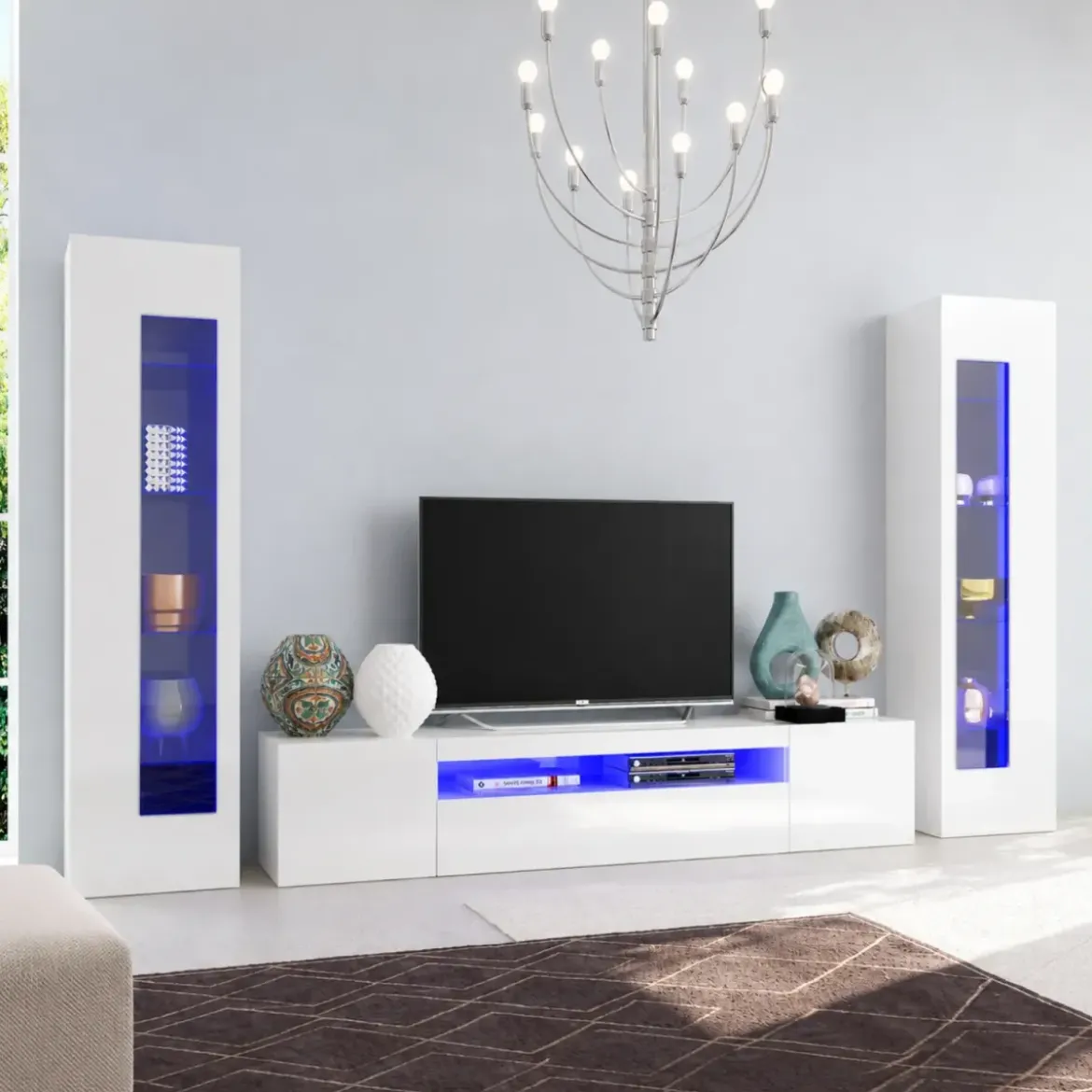 Mobile Porta TV da Soggiorno con 2 Vetrine Bianco Lucido 290 cm