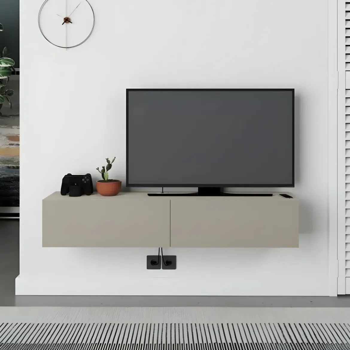 Mobile Porta TV Sospeso Beige con Ante a Ribalta Salvaspazio Moderno
