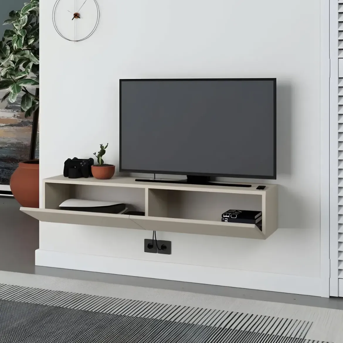 Mobile Porta TV Sospeso Beige con Ante a Ribalta Salvaspazio Moderno