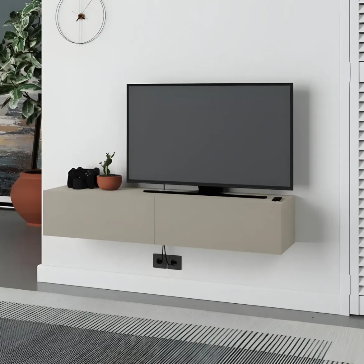 Mobile Porta TV Sospeso Beige con Ante a Ribalta Salvaspazio Moderno