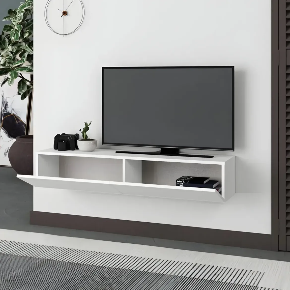 Mobile Porta TV Sospeso Bianco con Ante a Ribalta Moderno Salvaspazio