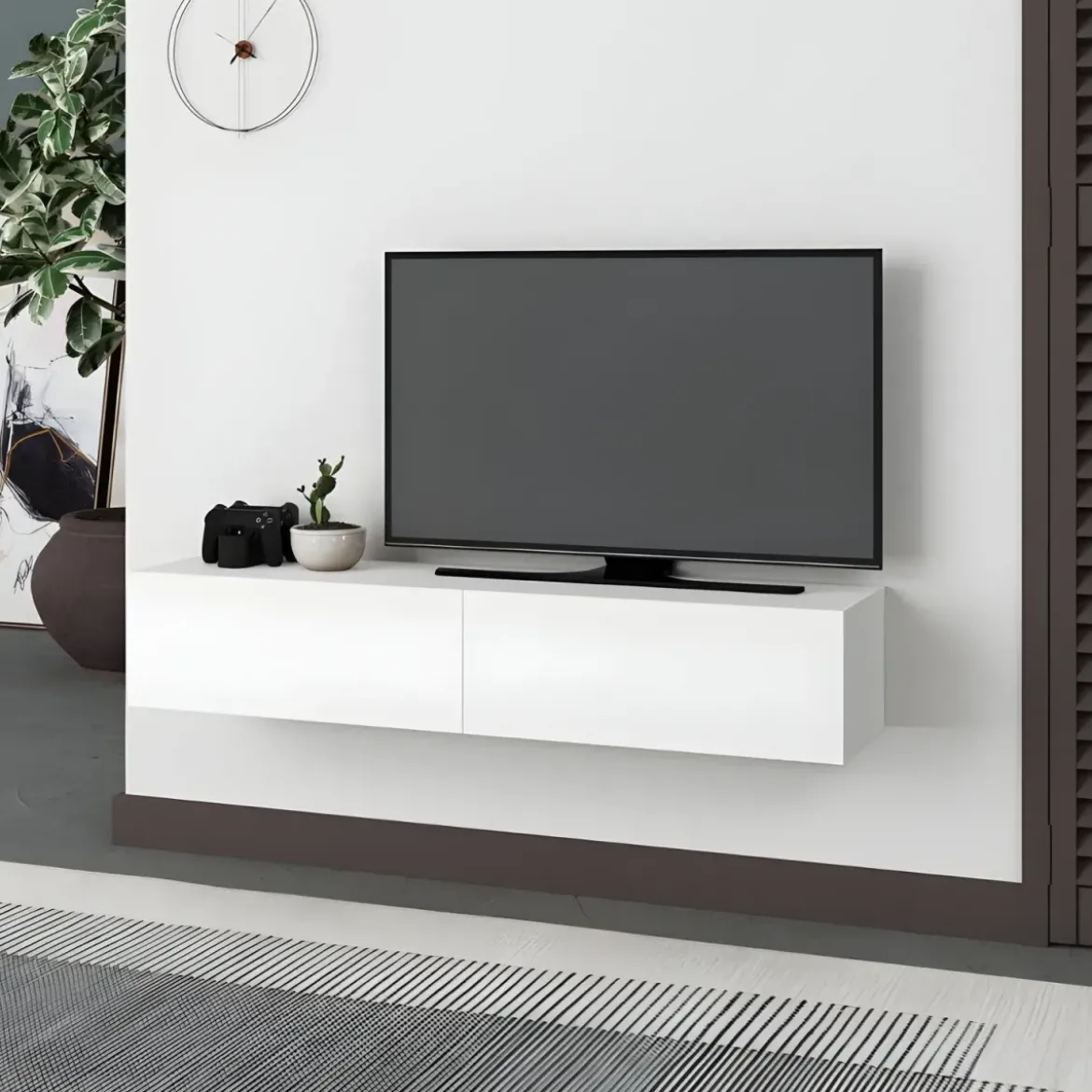 Mobile Porta TV Sospeso Bianco con Ante a Ribalta Moderno Salvaspazio