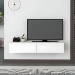 Mobile Porta TV Sospeso Bianco con Ante a Ribalta Moderno Salvaspazio