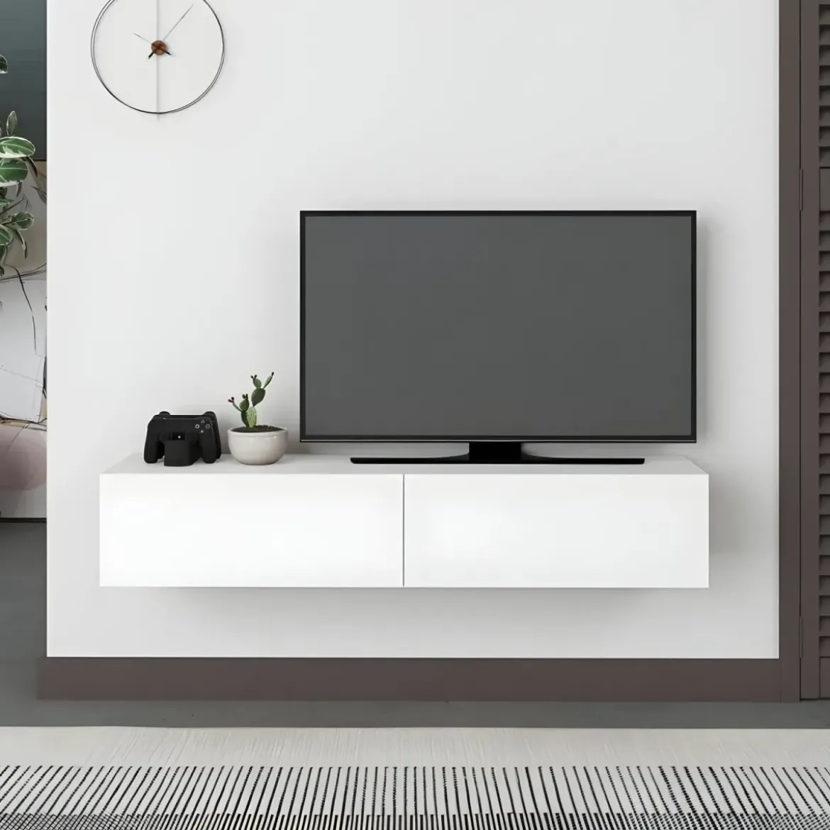 Mobile Porta TV Sospeso Bianco con Ante a Ribalta Moderno Salvaspazio