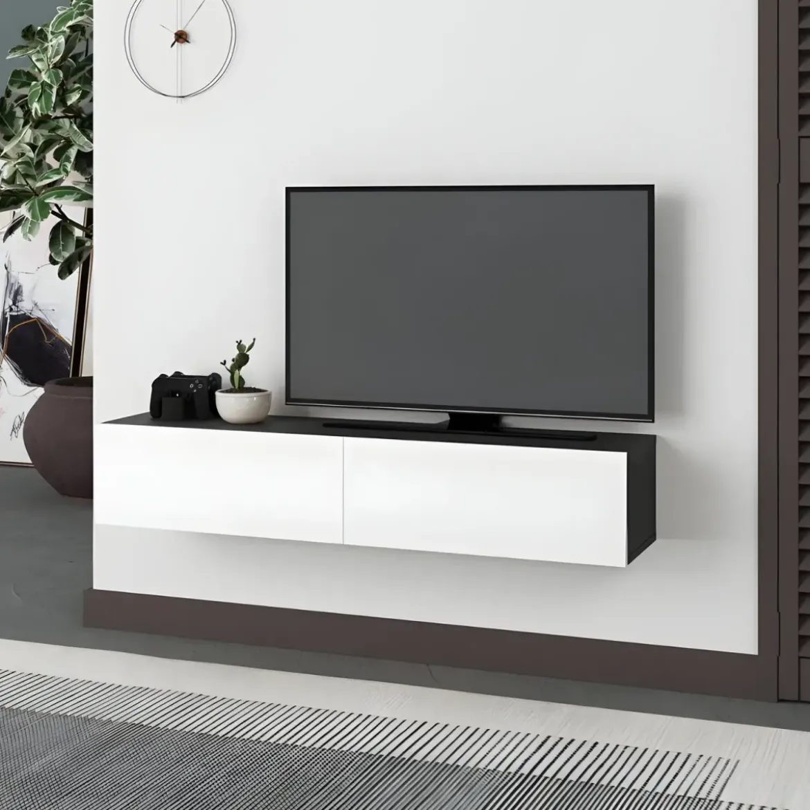 Mobile Porta TV Sospeso Bianco Antracite con Ante a Ribalta Salvaspazio