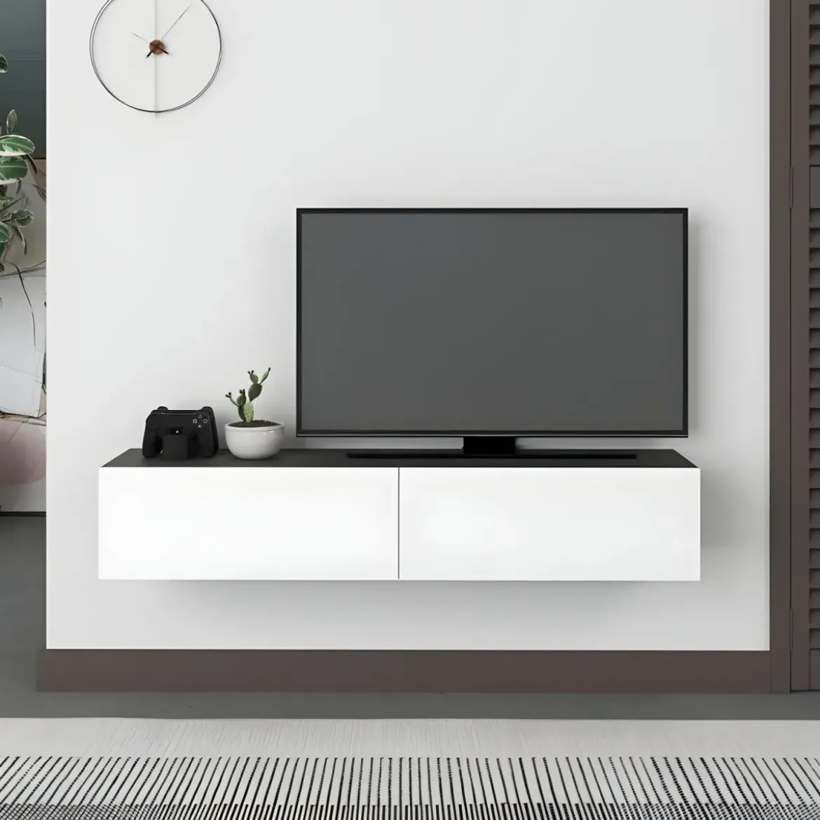 Mobile Porta TV Sospeso Bianco Antracite con Ante a Ribalta Salvaspazio