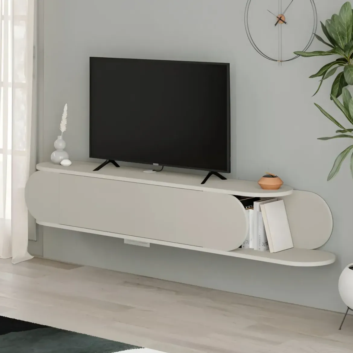 Mobile Porta TV Sospeso Doppia Anta a Ribalta Vano Laterale Beige