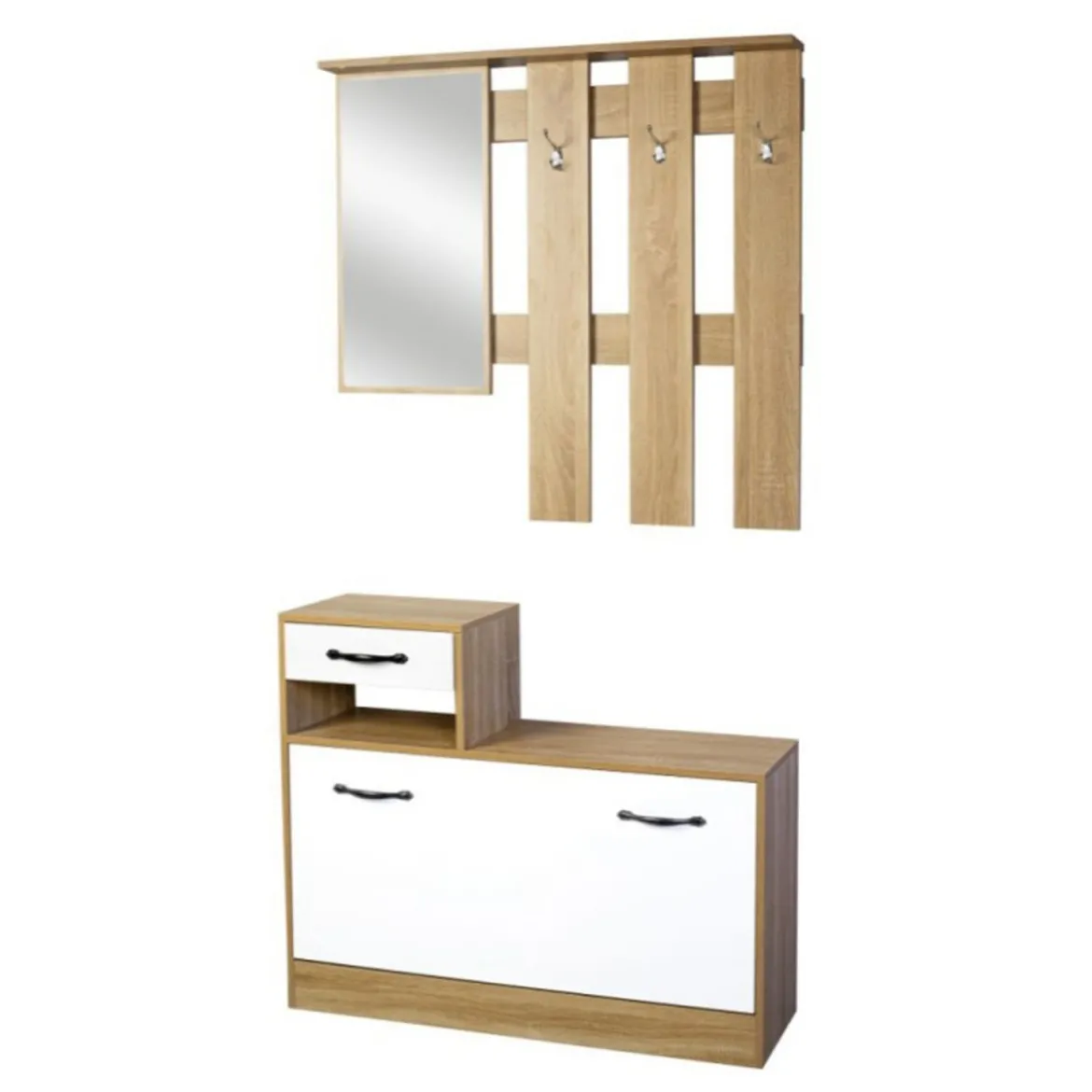 Mobile Scarpiera per Ingresso con Specchio e Appendiabiti Legno Rovere