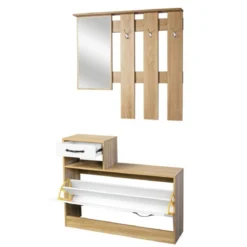 Mobile Scarpiera per Ingresso con Specchio e Appendiabiti Legno Rovere