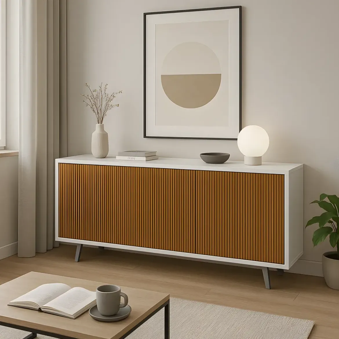 Mobile Soggiorno 3 Ante 177x41x74 cm Push-Pull Bianco e Rovere