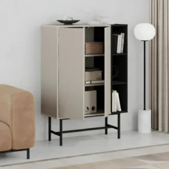 Mobile Soggiorno Moderno Alto con 2 Ante Beige Nero 3 Vani a Giorno