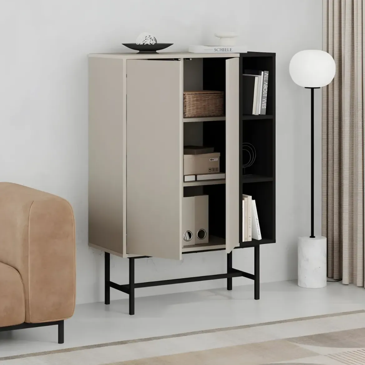 Mobile Soggiorno Moderno Alto con 2 Ante Beige Nero 3 Vani a Giorno