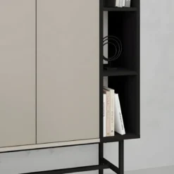 Mobile Soggiorno Moderno Alto con 2 Ante Beige Nero 3 Vani a Giorno