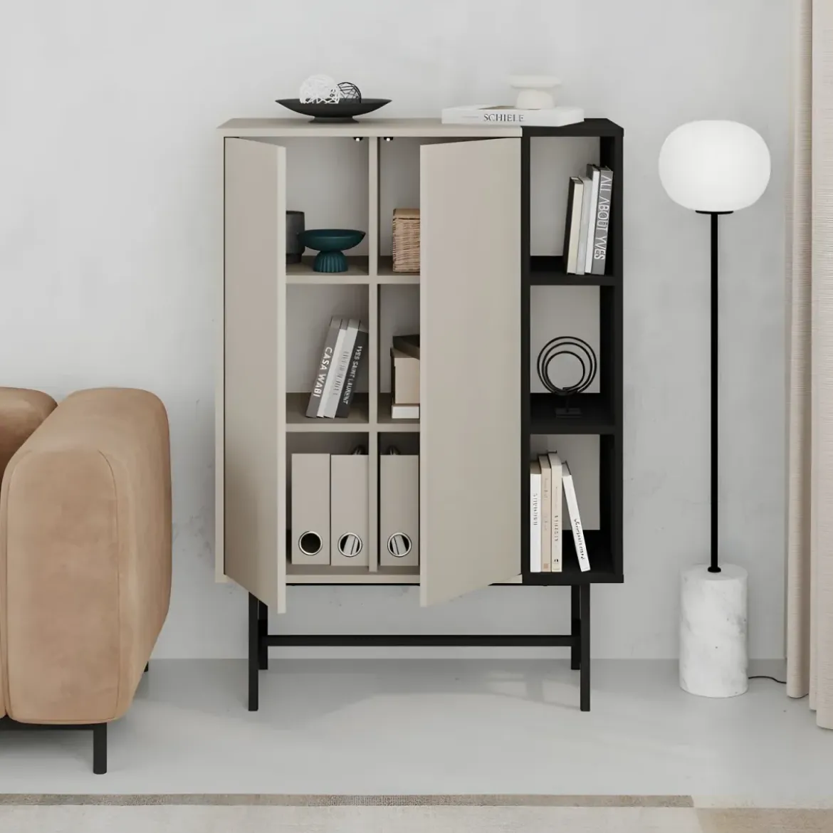 Mobile Soggiorno Moderno Alto con 2 Ante Beige Nero 3 Vani a Giorno