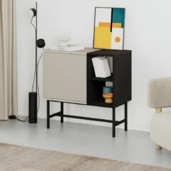Mobile Soggiorno Moderno Basso 1 Anta Beige Nero 2 Vani a Giorno