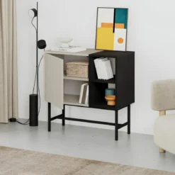 Mobile Soggiorno Moderno Basso 1 Anta Beige Nero 2 Vani a Giorno
