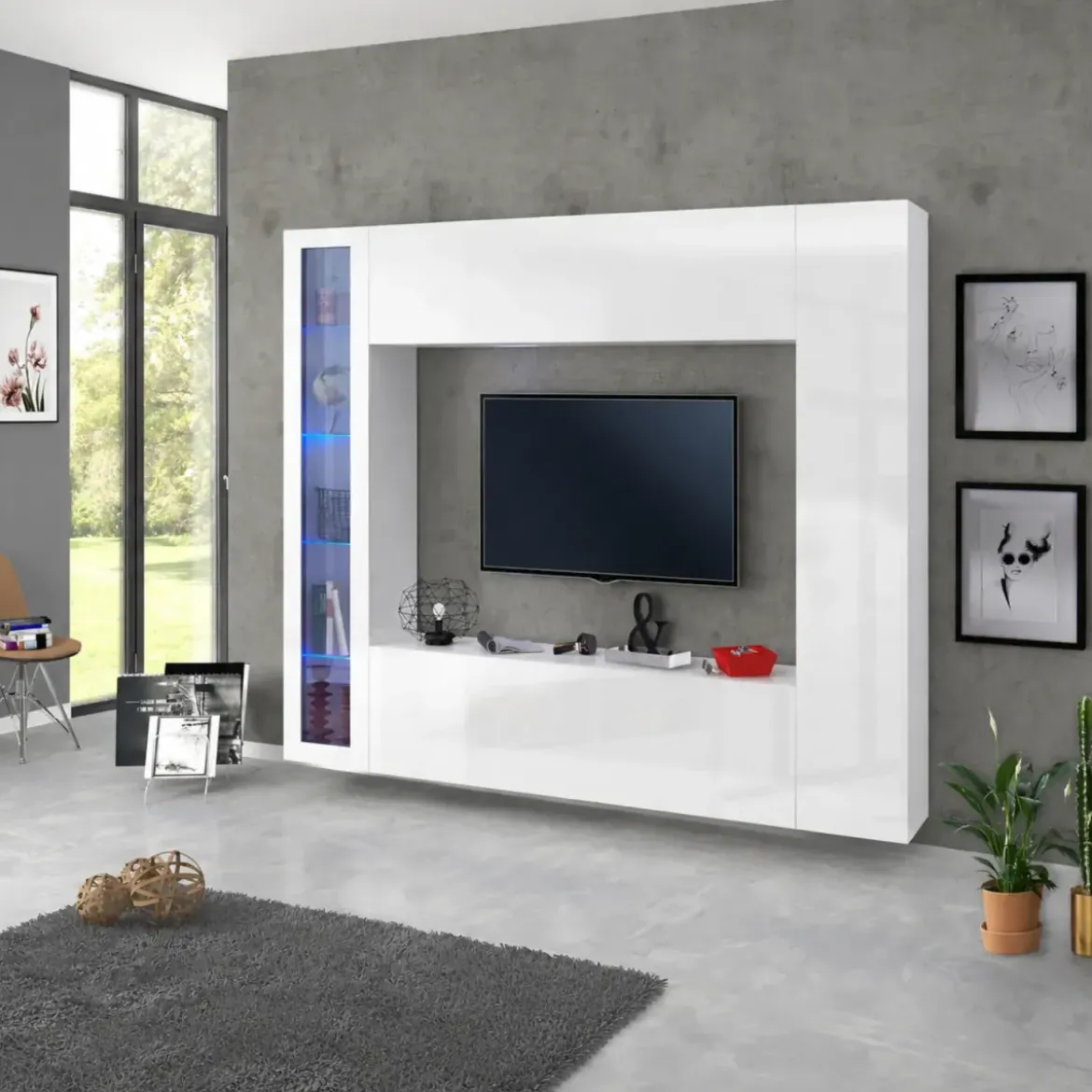 Mobile Soggiorno Vetrina Porta TV da Parete Pavimento 260cm Bianco