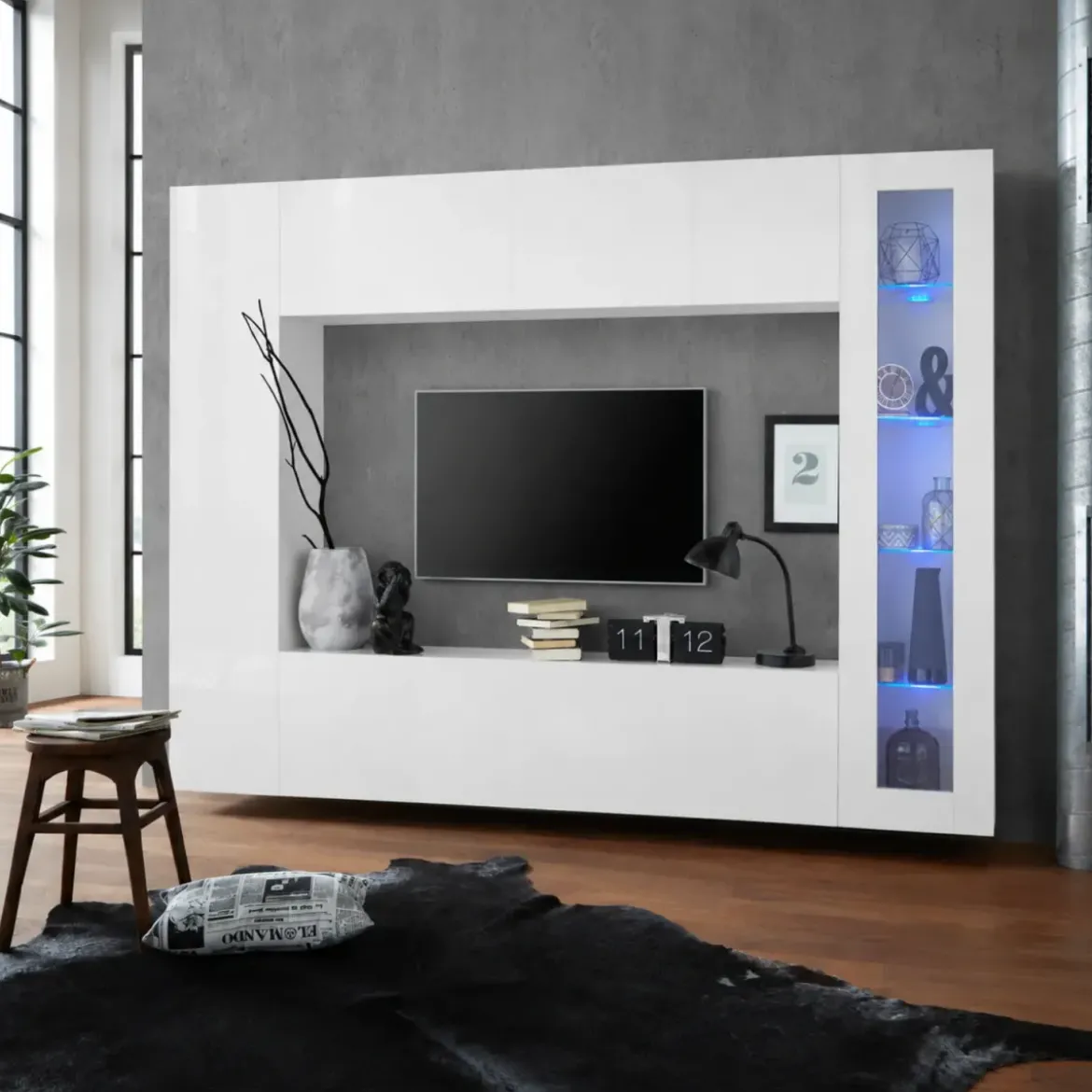 Mobile Soggiorno Vetrina Porta TV da Parete Pavimento 260cm Bianco