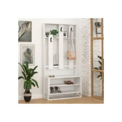 Mobiletto da Ingresso con Mensole in Legno Bianco Appendiabiti Moderno Scarpiera