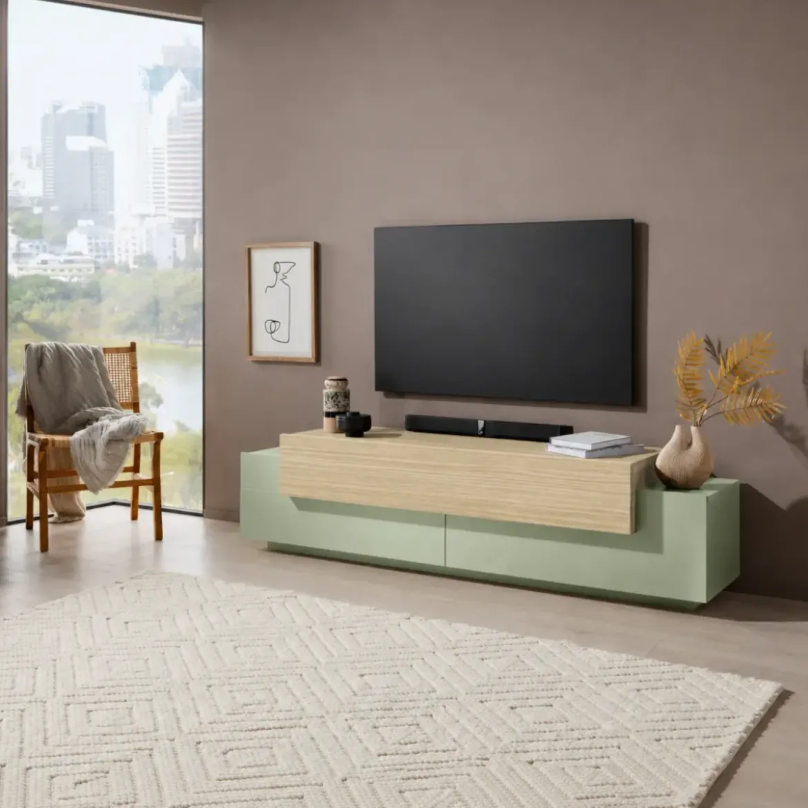 Mobile TV da Appoggio 200 cm 3 Ante a Ribalta Verde Salvia Rovere