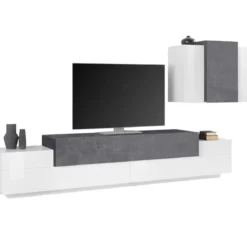 Mobile TV da Terra 240 cm con Pensile in Legno Bianco Lucido Report