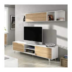 Mobile TV Moderno Bianco Rovere Parete Attrezzata Soggiorno Pensile Sospeso Ante