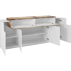 Moderna Madia Bianco e Acero Credenza con 4 Ante Mobile per Soggiorno